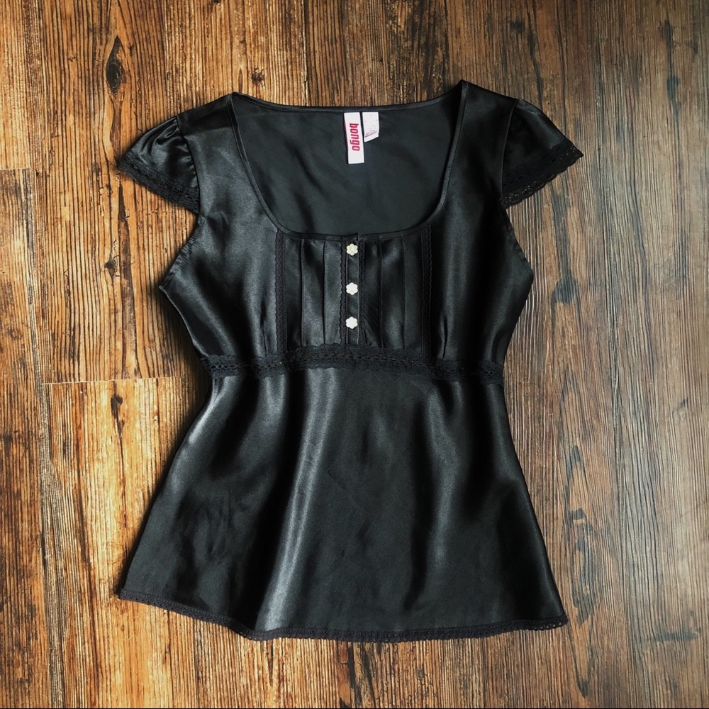 Vintage Black Satin Y2K Style Lace Short Sleeve Blouse